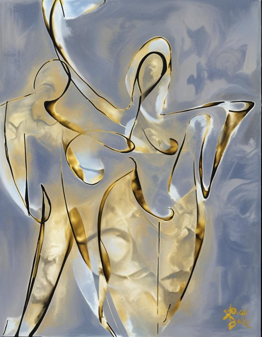 Intertwined Figures in Gold: A Surrealist Painting