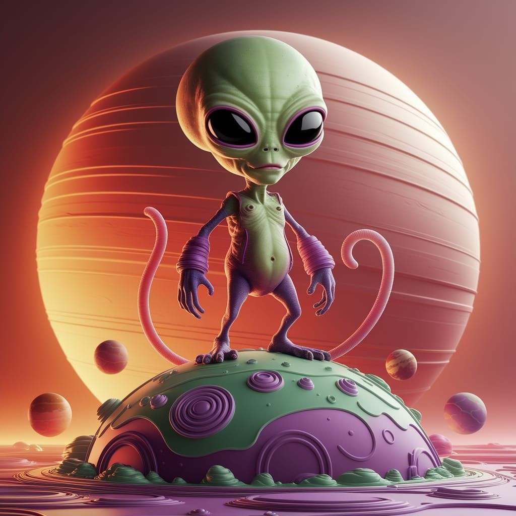 Whimsical Alien on Cartoon Planet in Flat Digital Style
