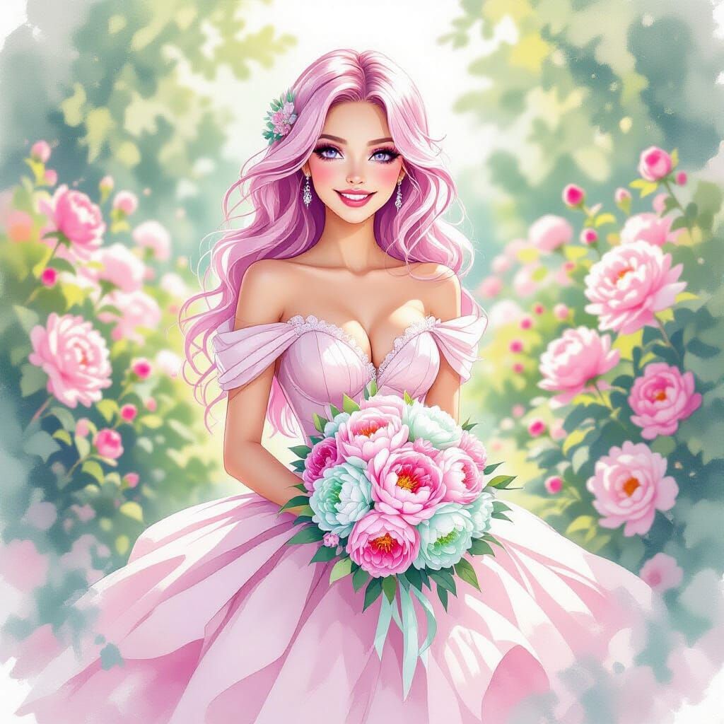 Pink Haired Woman in Peony Garden, Watercolor Style