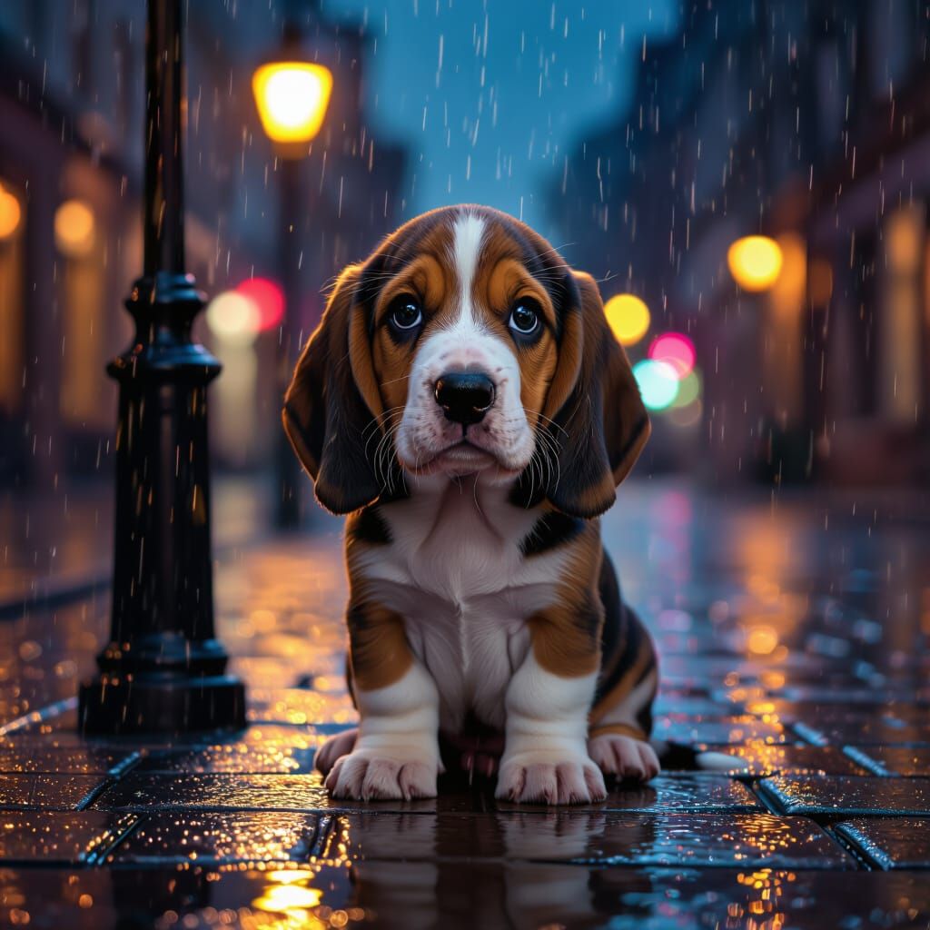 Basset Hound Puppy on Rainy Night Street