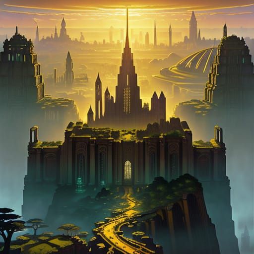 Ancient Metropolis at Sunset, Inspired by Syd Mead and Roger...