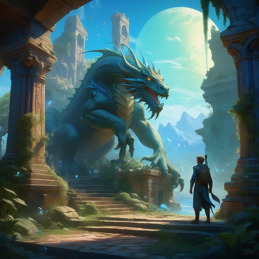 Enchanted Forest: Elven Wizard, Dragon, and Fairies