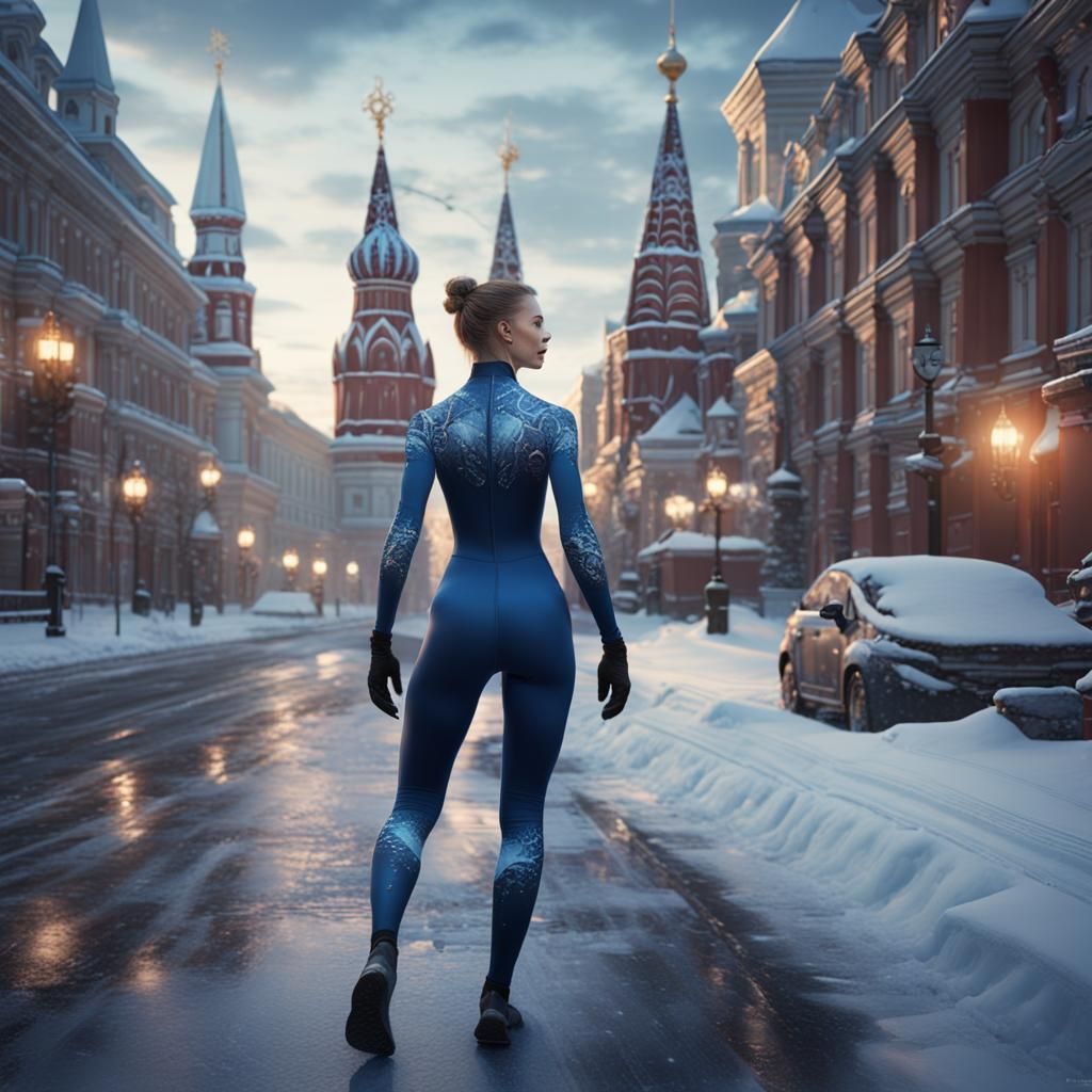 Woman in Spandex Unitard Walking in Moscow Street