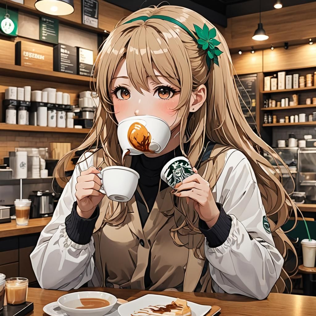 Anime Girl Drinks Coffee at Starbucks