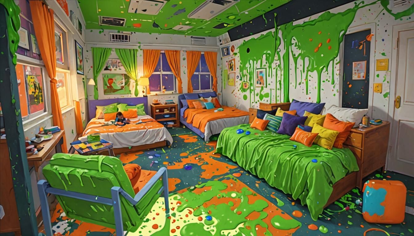 Nickelodeon-Style Bedroom with Slime Splats in Digital Art