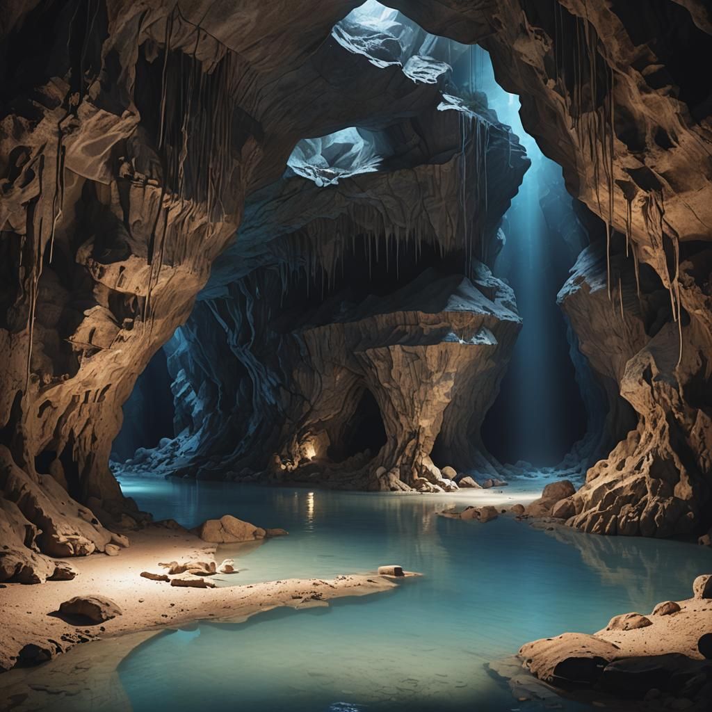 Vast Underground River Cavern in Blue Light
