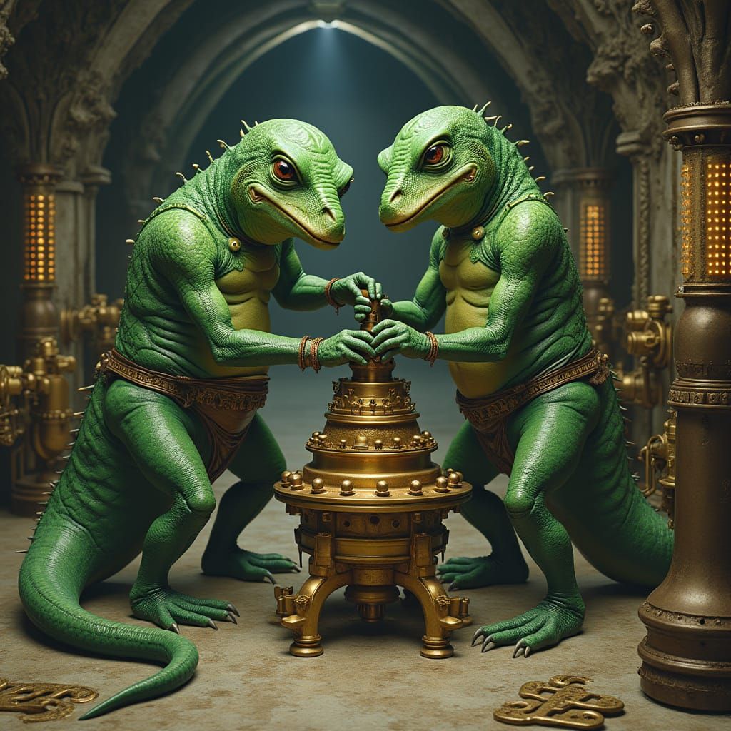 Reptilian Humanoids Repairing Steam Trap, Futuristic Style