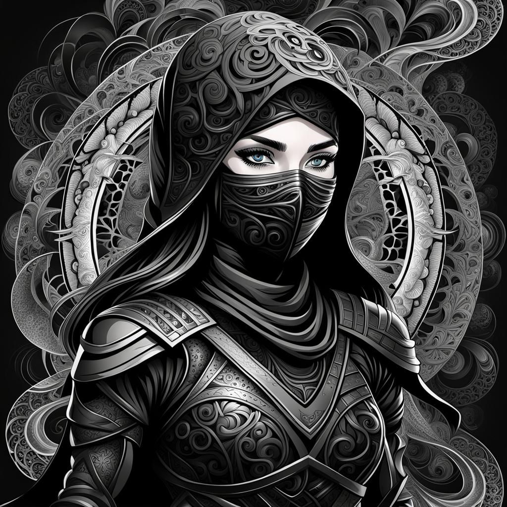 Ninja Warrior Princess in Black with Abstract Fractals