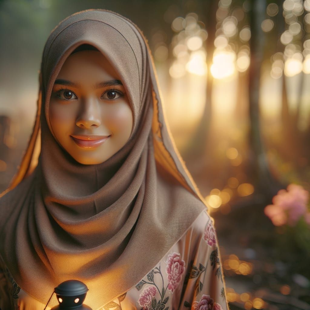 A Young Muslimah Girl in Golden Forest Light