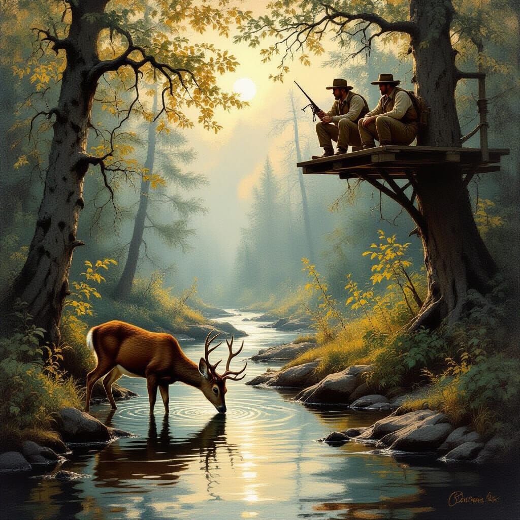 Realistic Oil Painting of Deer Watched by Hunters