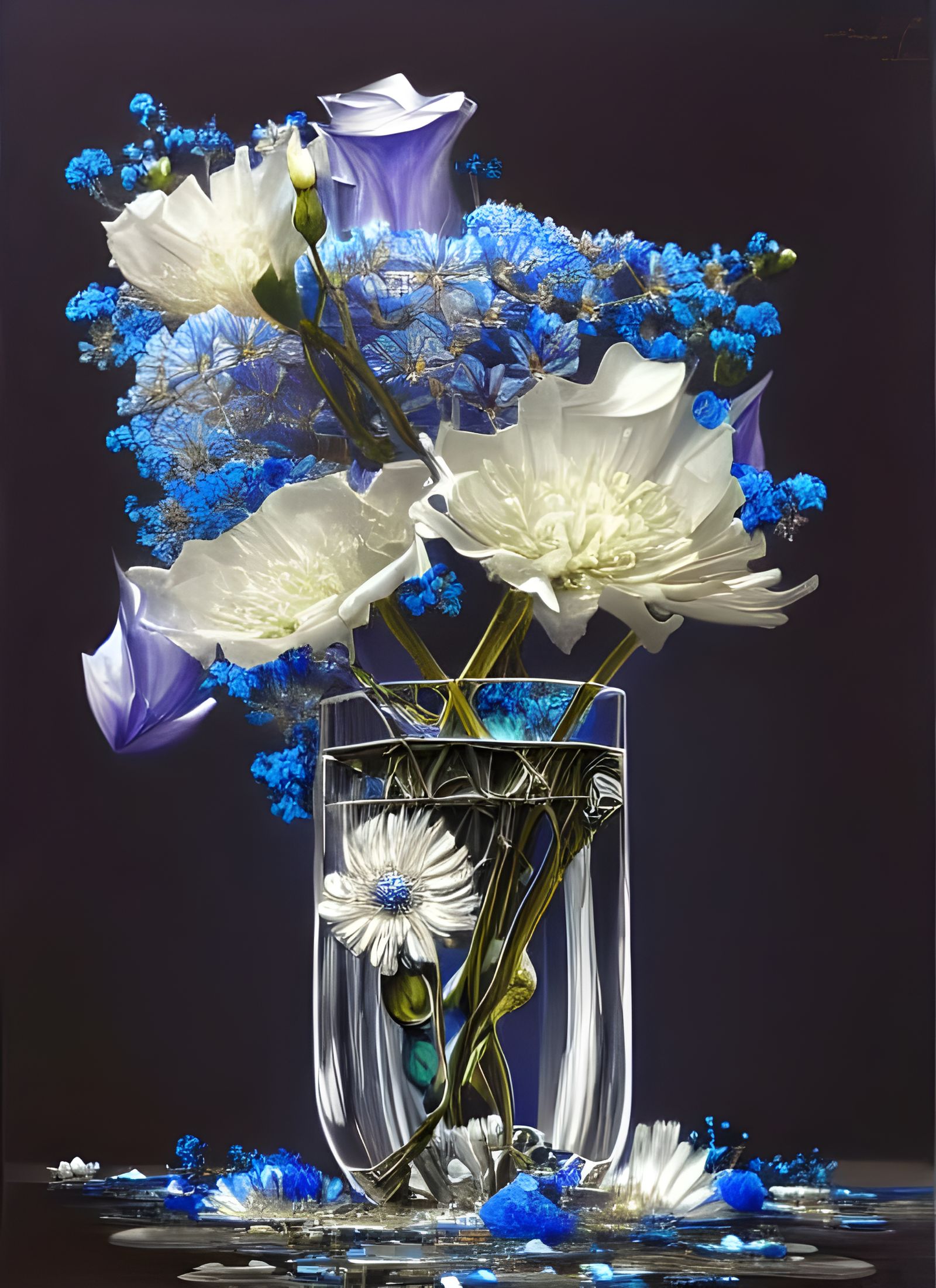 Silver Blue Diamond Flowers in Crystal Vase
