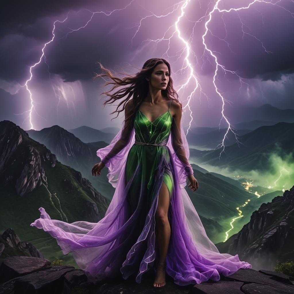 Ethereal Woman Summons Lightning on Mountain Peak