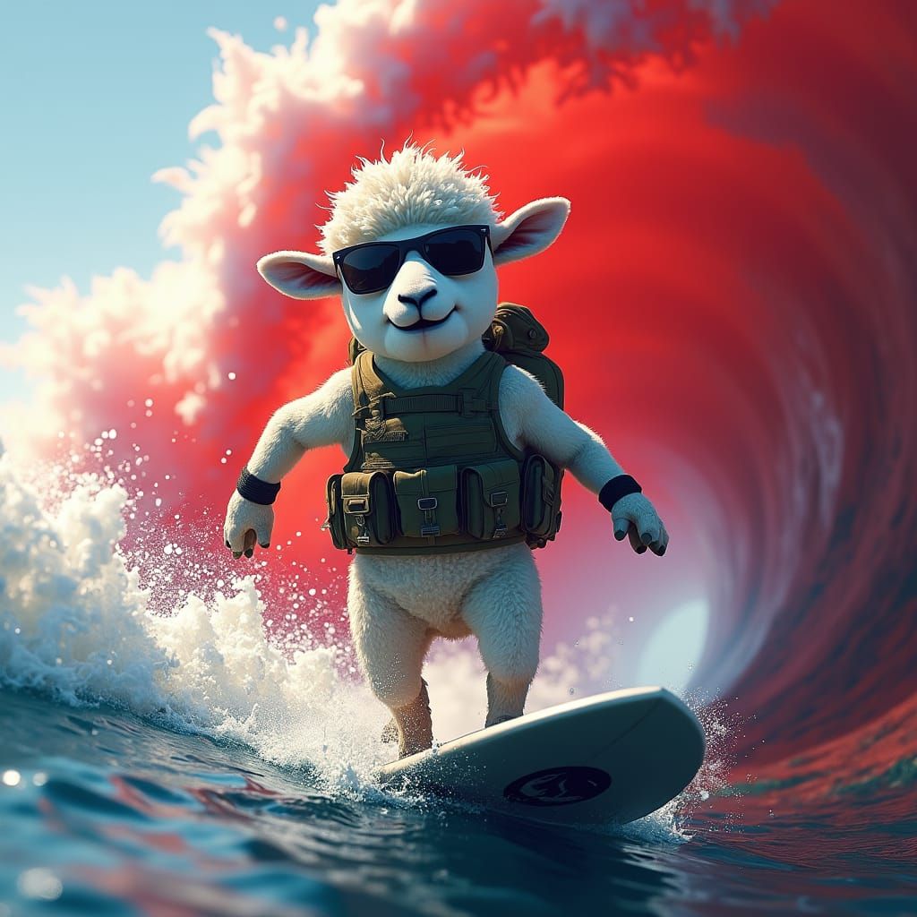 Sheep Surfing Red Wave Military Style Concept Art
