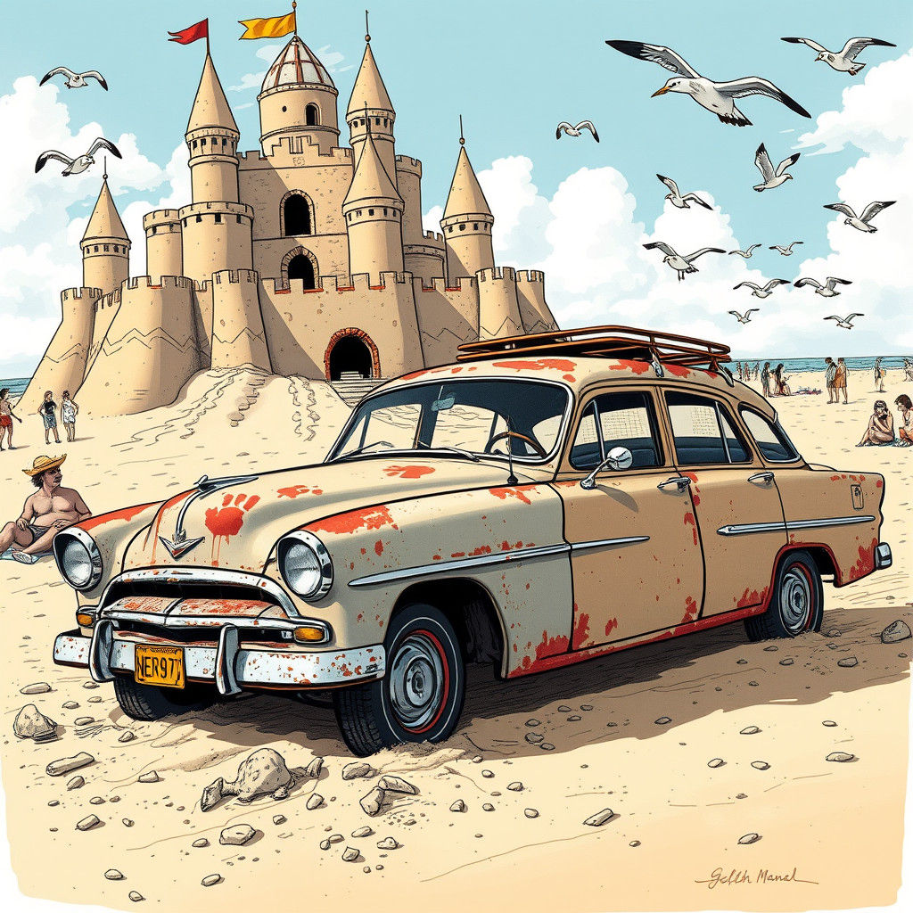 Vintage Car Breaks Down in Sandcastle, Cartoon Illustration