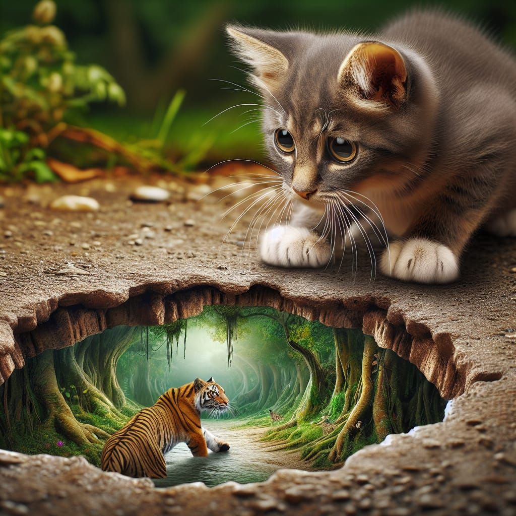 The image of a kitten down to look into a pothole in the roa...