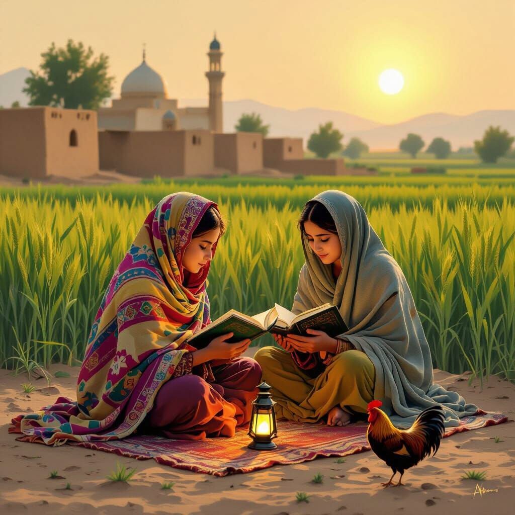 Noor's First Ramadan: Village Scene in Earthy Tones