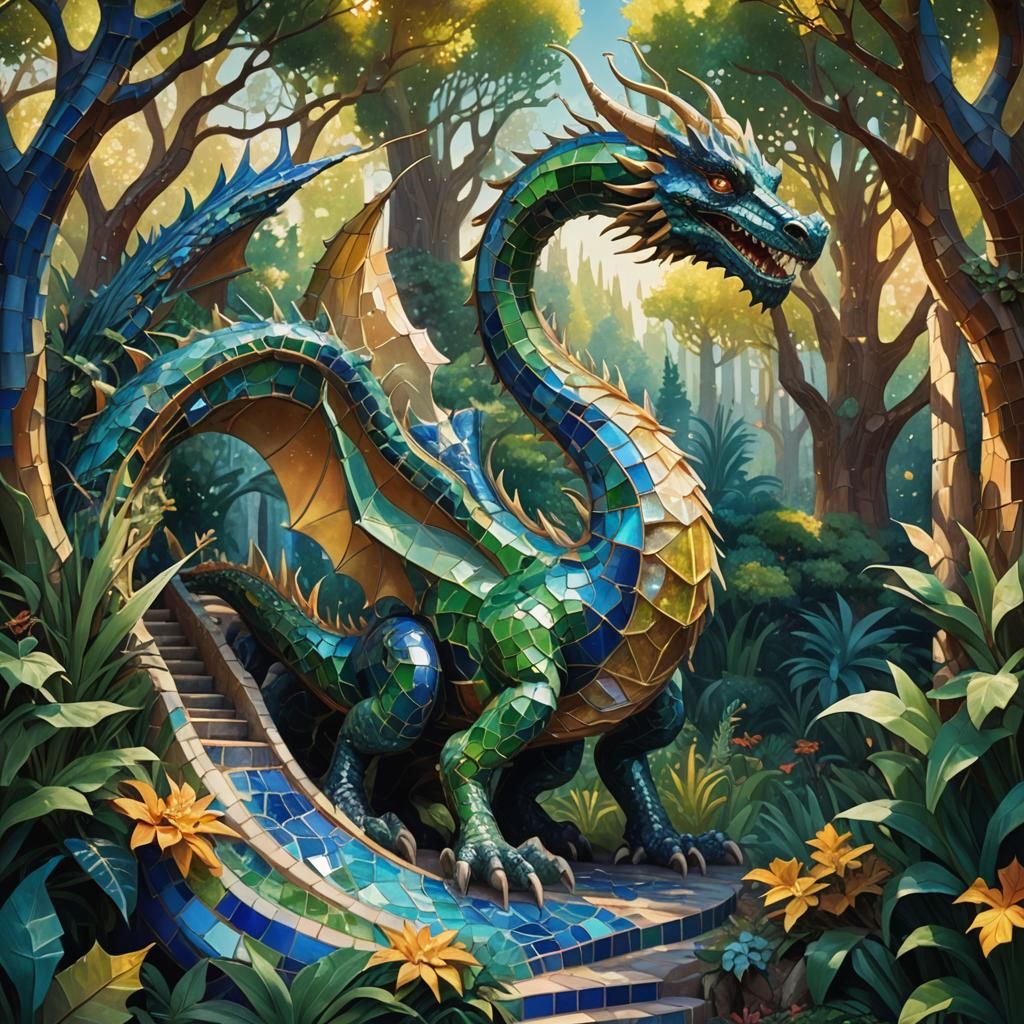 Gaudi-Inspired Mosaic Dragon in Dreamlike Forest