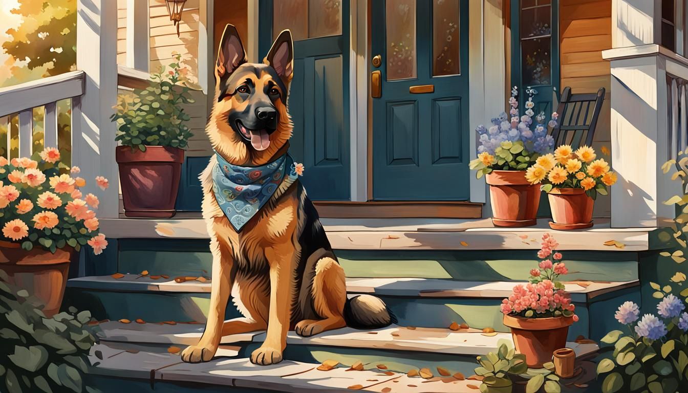 Surreal German Shepherd Portrait in Warm Golden Light with G...