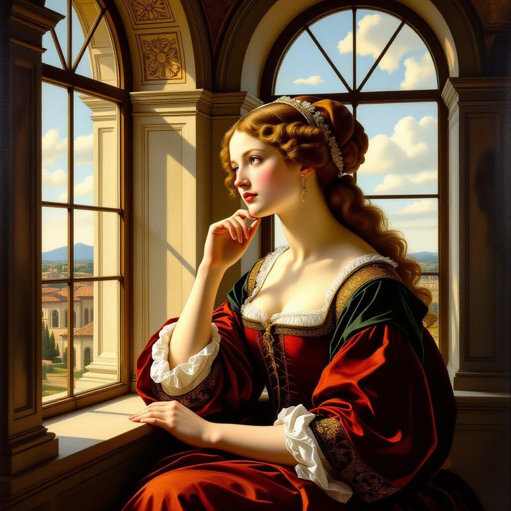 Renaissance Lady Gazes From Window in Michelangelo Style