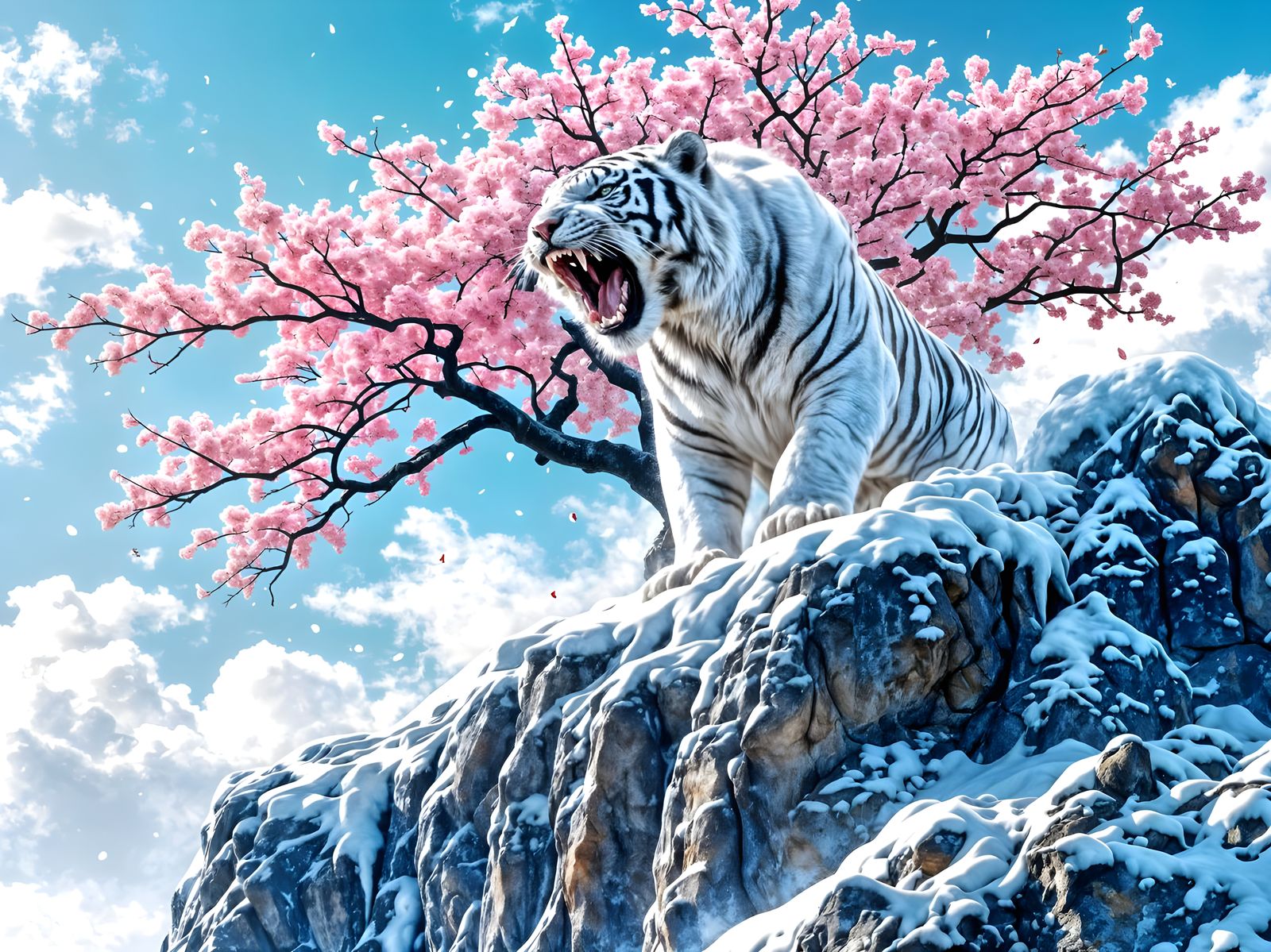 Epic White Tiger Roars Under Cherry Blossoms in a Dramatic L...