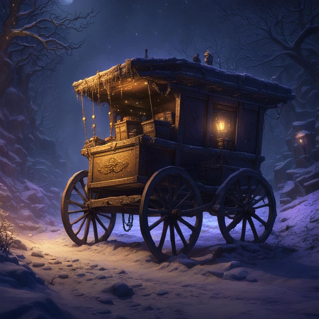 Snowy Abandoned Cart at Night, Dark Fantasy Art