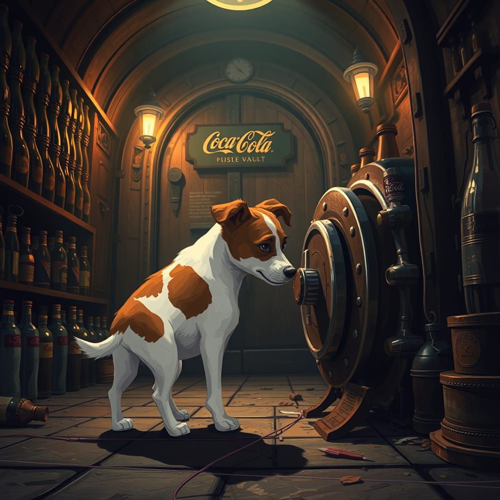 A jack russell terrier in the coca cola vault