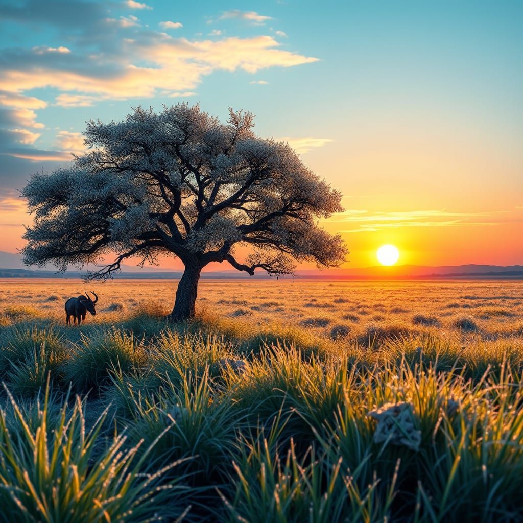 Frosty Sunrise Over African Savannah in Fractal Style