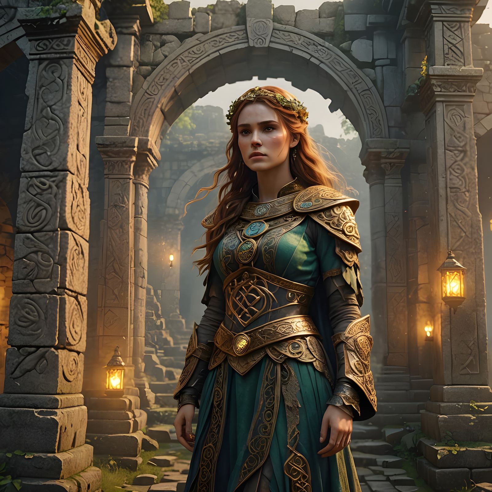 Celtic Girl at Ruins in 3D Game Style