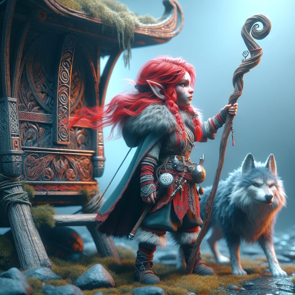 Gnome Druid with Wolf in Fantasy Scene