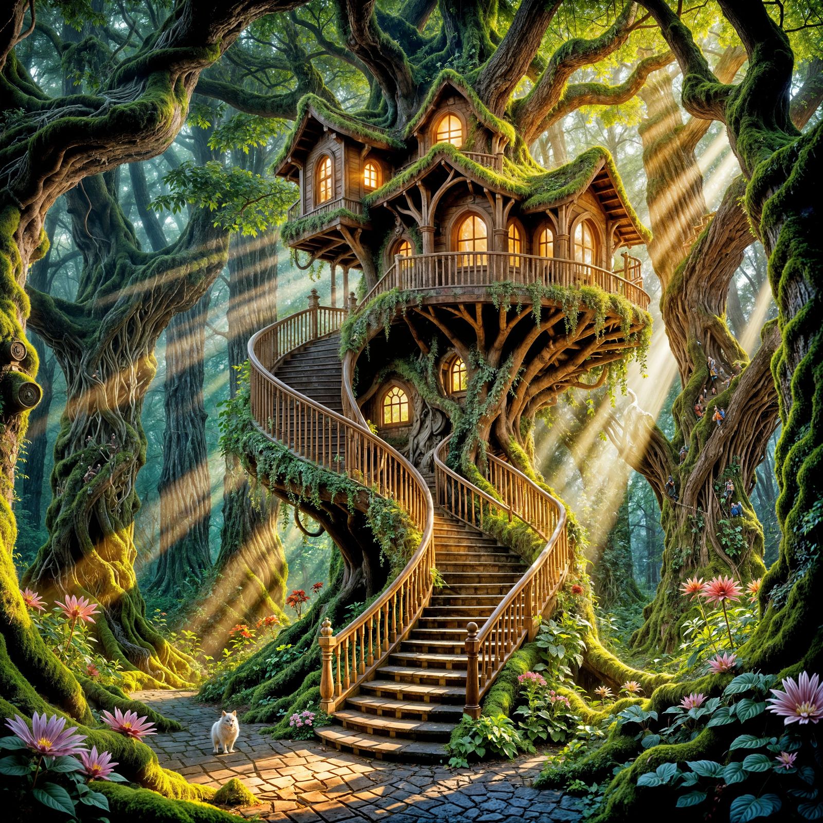 Enchanted Staircase to Colossal Treehouse in Fantasy Art Sty...