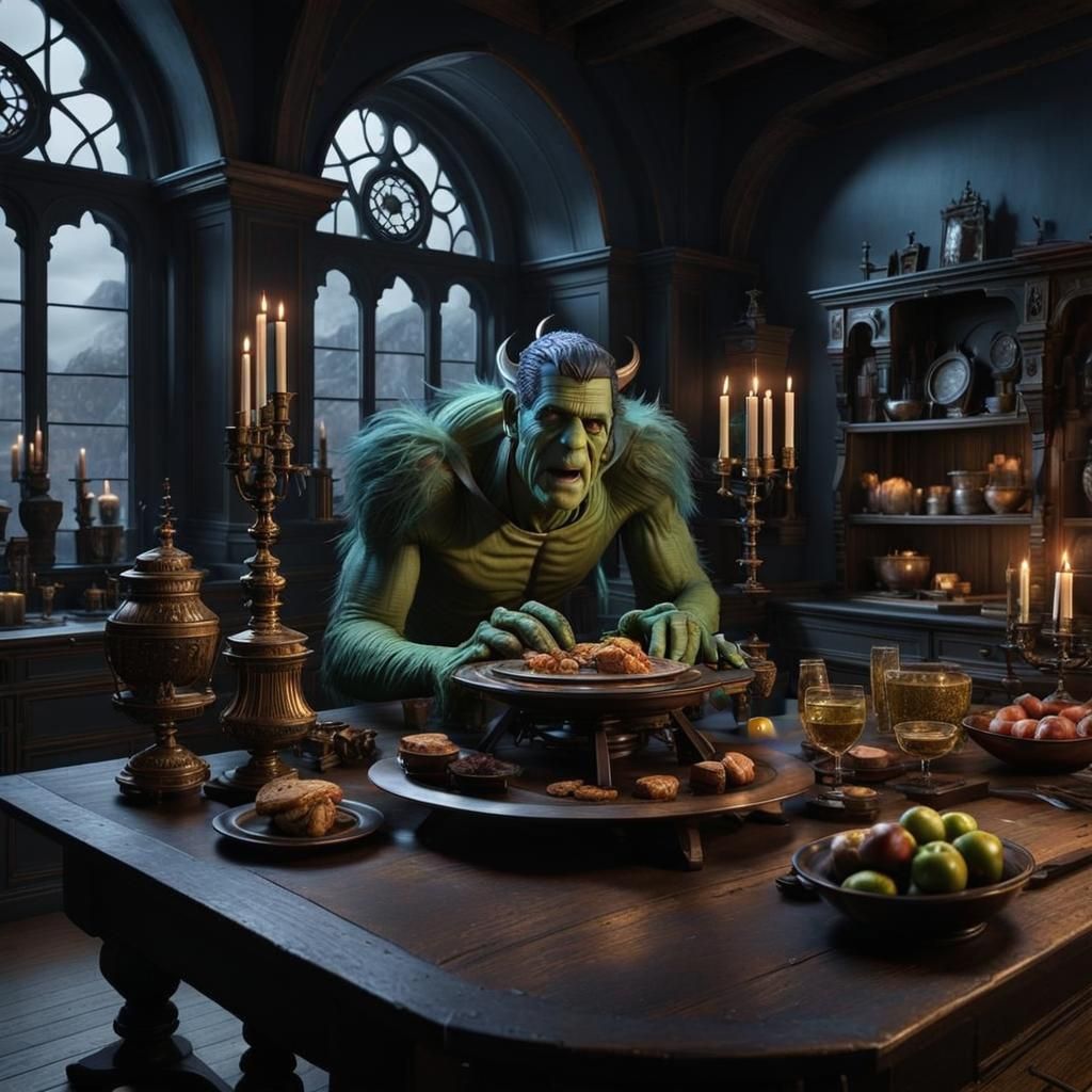 Frankenstein's Monster: Detailed Matte Painting in Deep Colo...