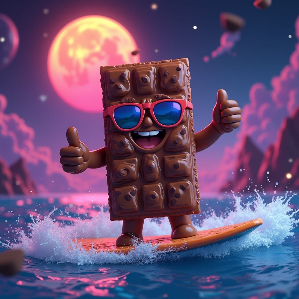 Chocolate Bar Surfer in a Whimsical 3D Style