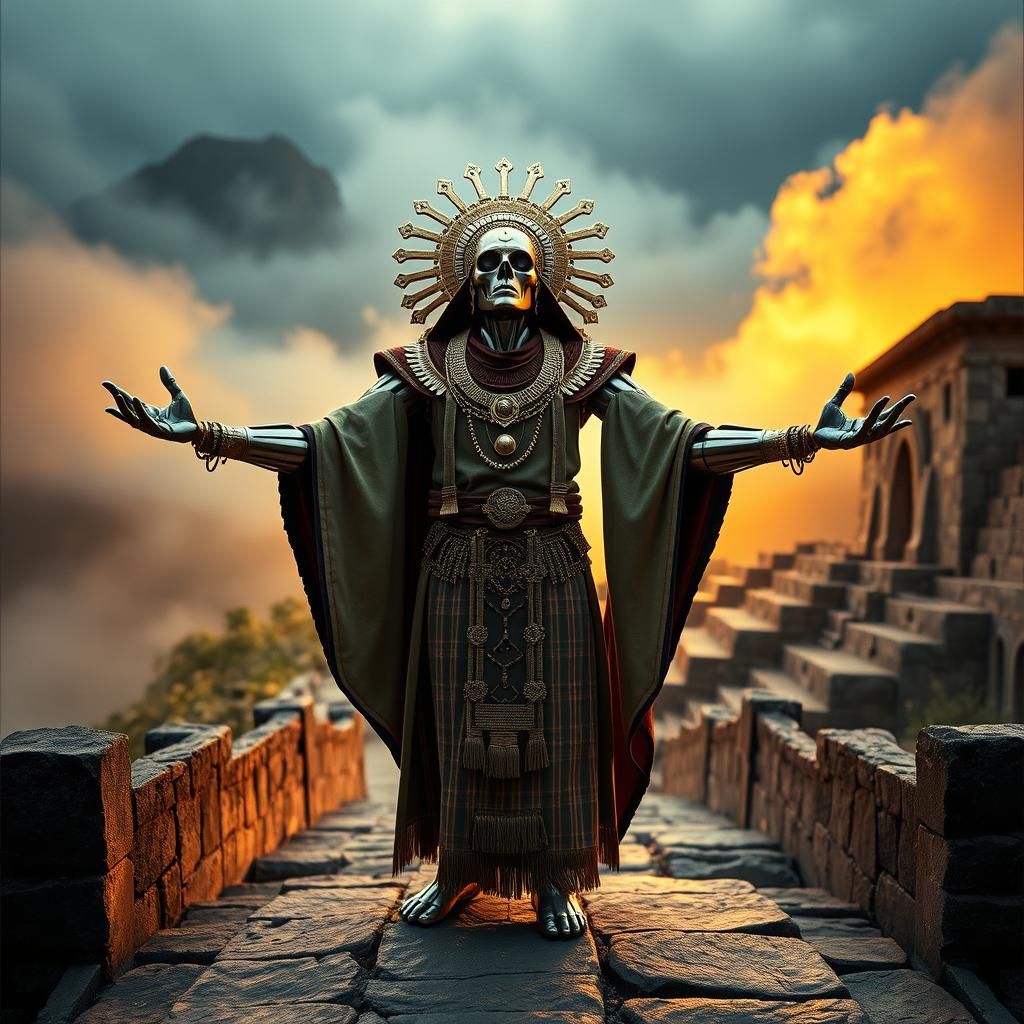 Inca Robot High Priest on Andean Temple Steps