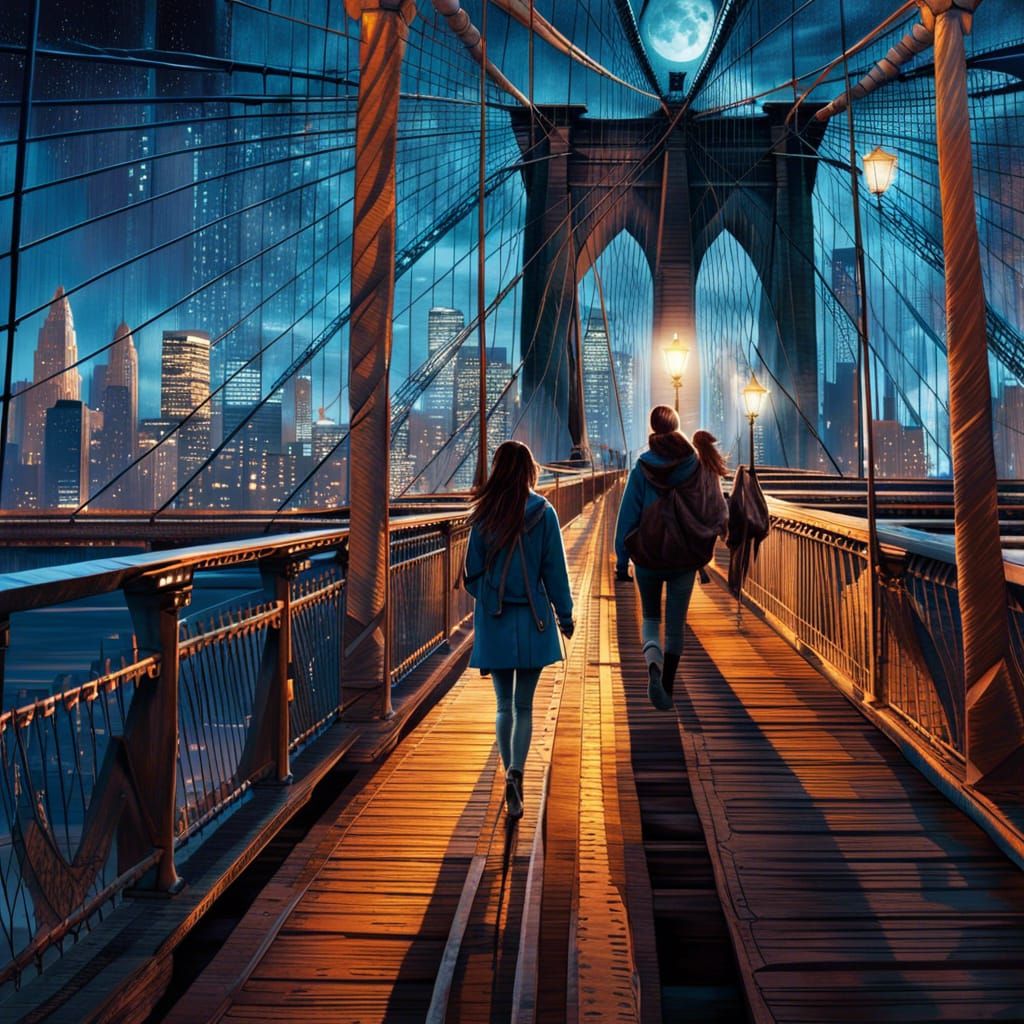 Woman Walks Brooklyn Bridge in Moonlight