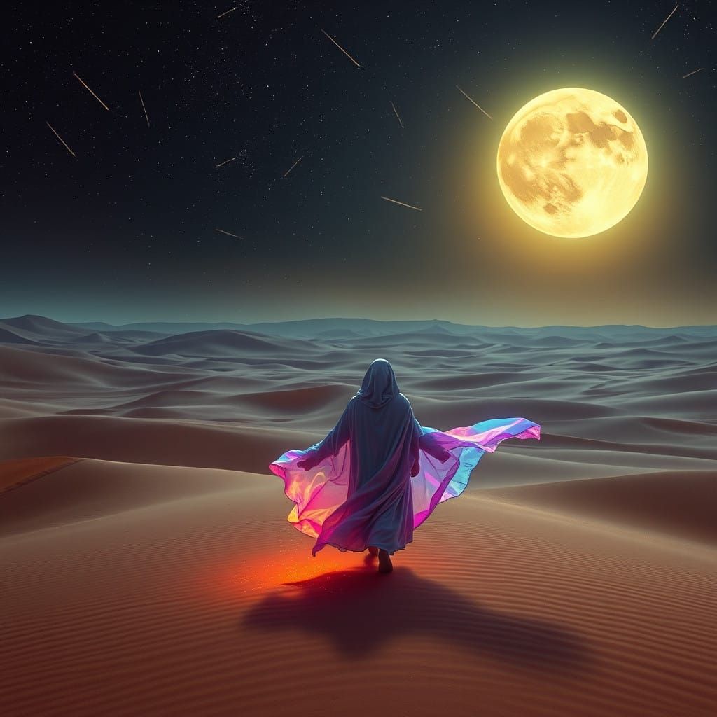 Ethereal Wanderer in a Moon-Scarred Desert