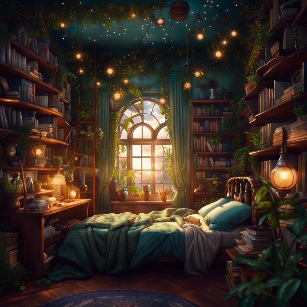Magical Vintage Bedroom with Books and Fairy Lights