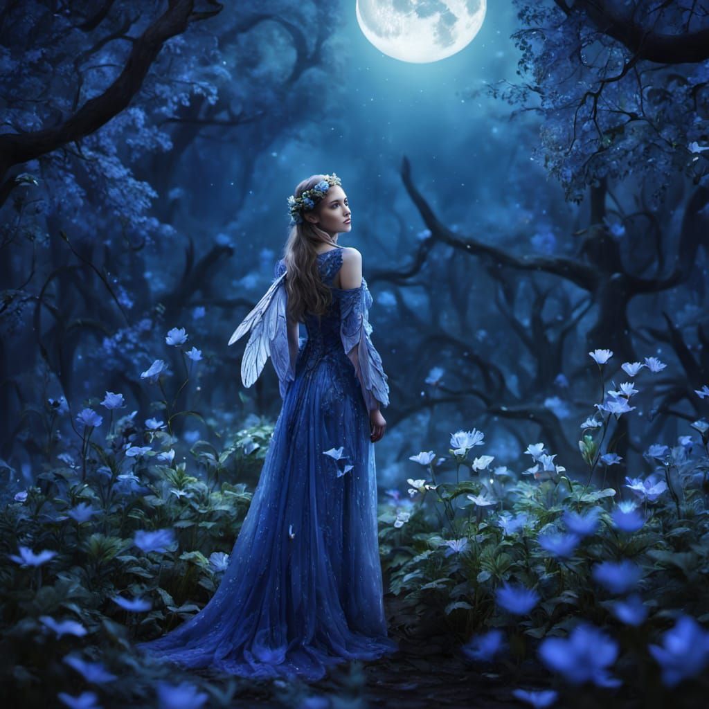 Winged Guardian in Moonlit Garden: Mythic Fantasy Art