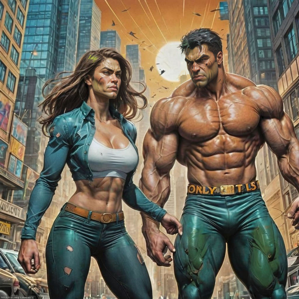 Muscular Superhero Couple in Dynamic Comic Book Style
