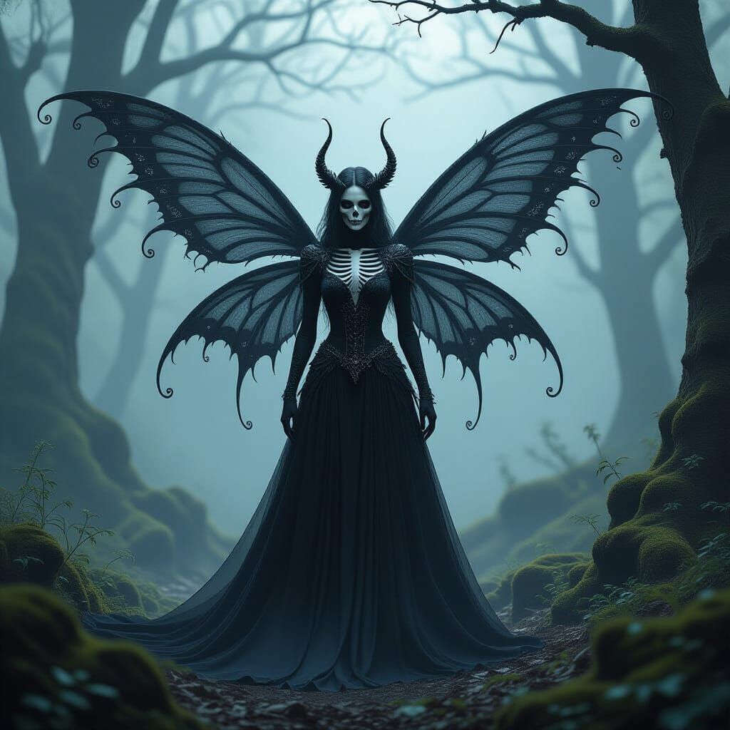 Dark Fairy Necromancer in Foggy Forest, Dark Fantasy Art