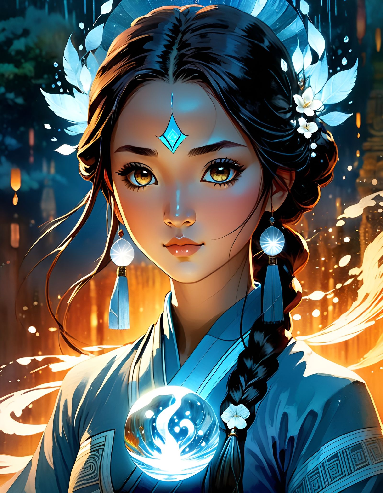 Anime Katara Waterbending Goddess Portrait in Watercolor