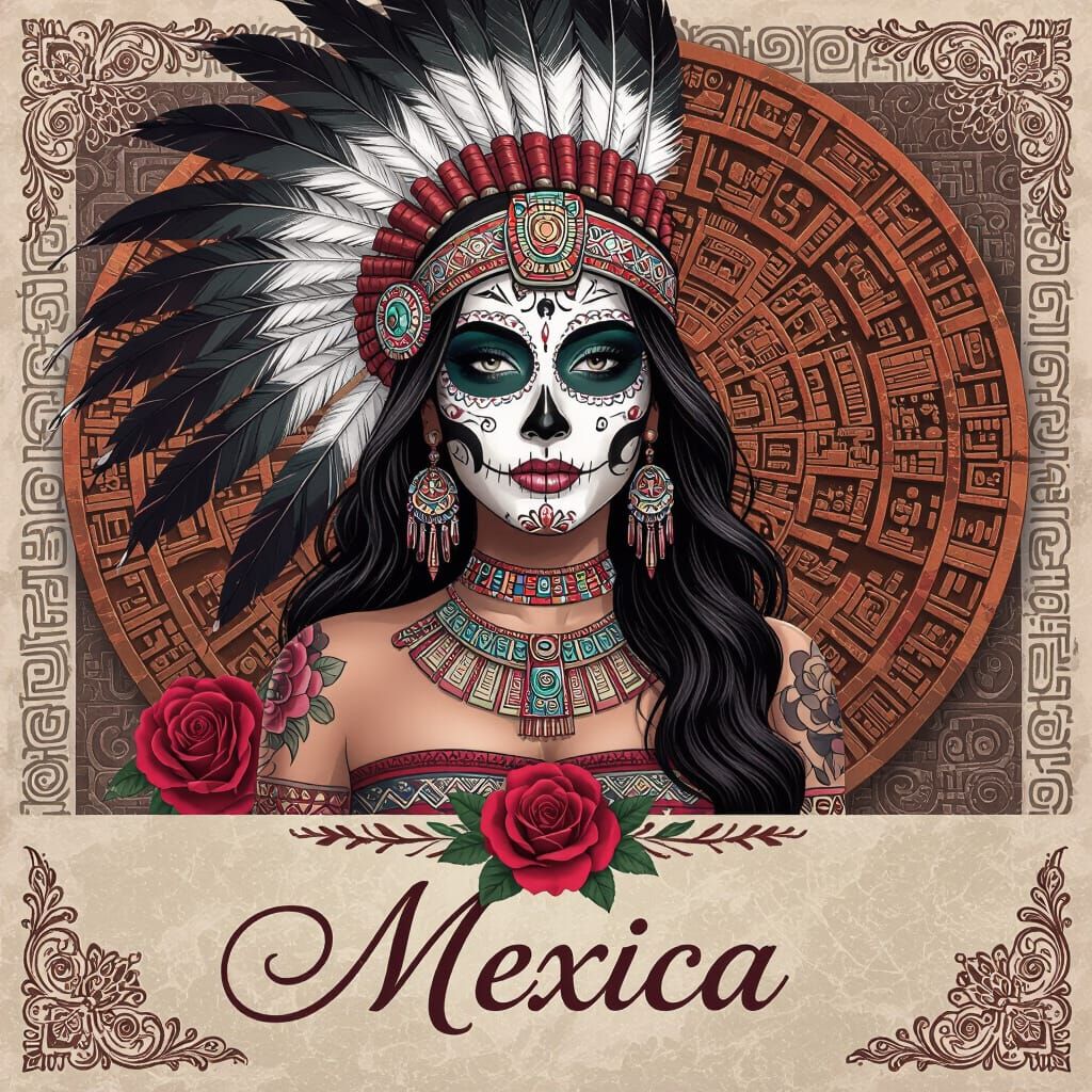 Aztec Warrior Princess with Feathered Headdress and Calendar