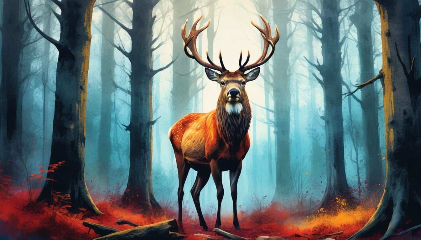 Red Deer in Forest Clearing as Watercolor Concept Art