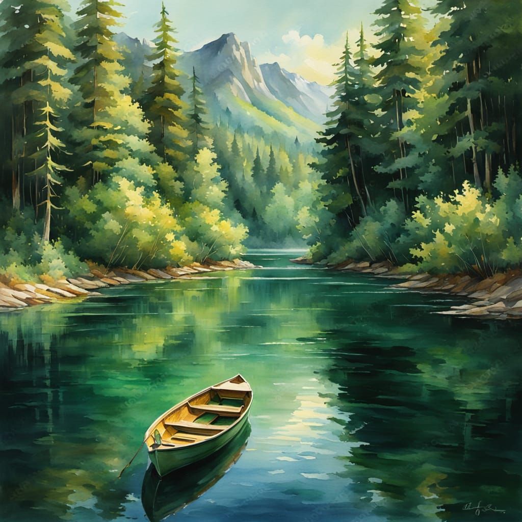Emerald River Landscape in Watercolor Impressionism