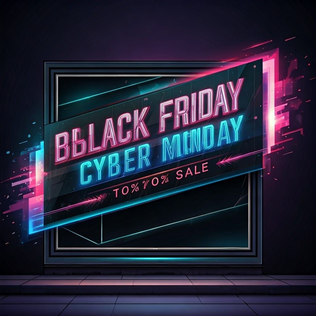Black Friday and Cyber Monday Sale Sign in Neon Style