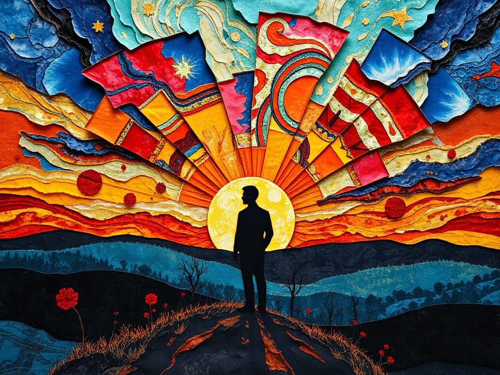 Paper Collage Sunset Silhouette in Van Gogh Style