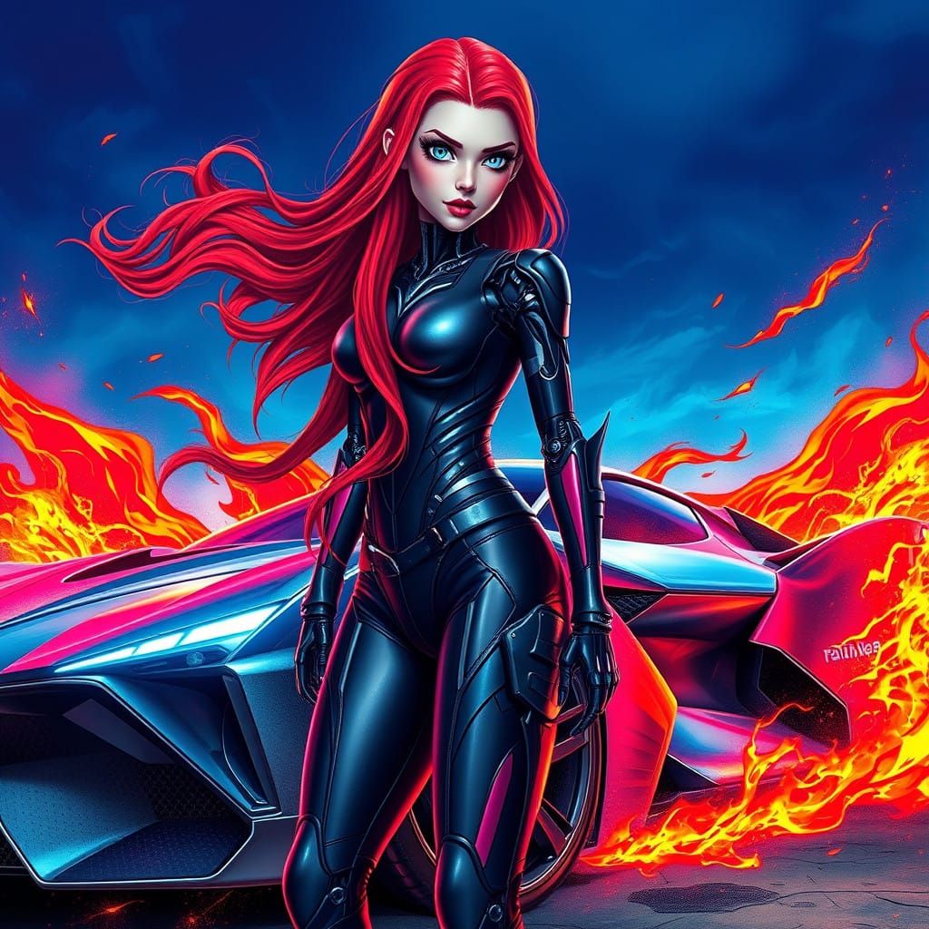 Cyberpunk Goddess Ignites Fiery Ride