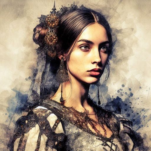 Medieval Spanish Woman Portrait in Splash Art Style