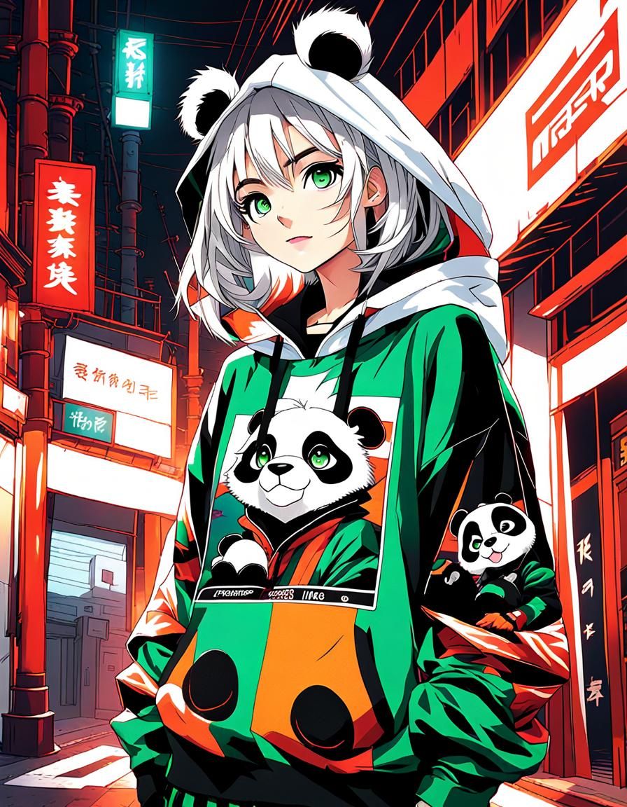 Anime Girl in Panda Hoodie, Manga Style