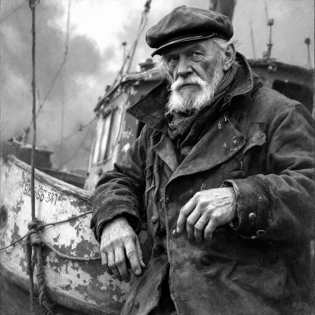 Weathered Seaman and Dilapidated Fishing Boat