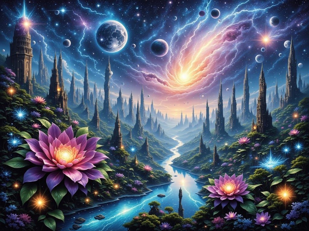 Celestial Metropolis of Constellations in Oil Painting Style